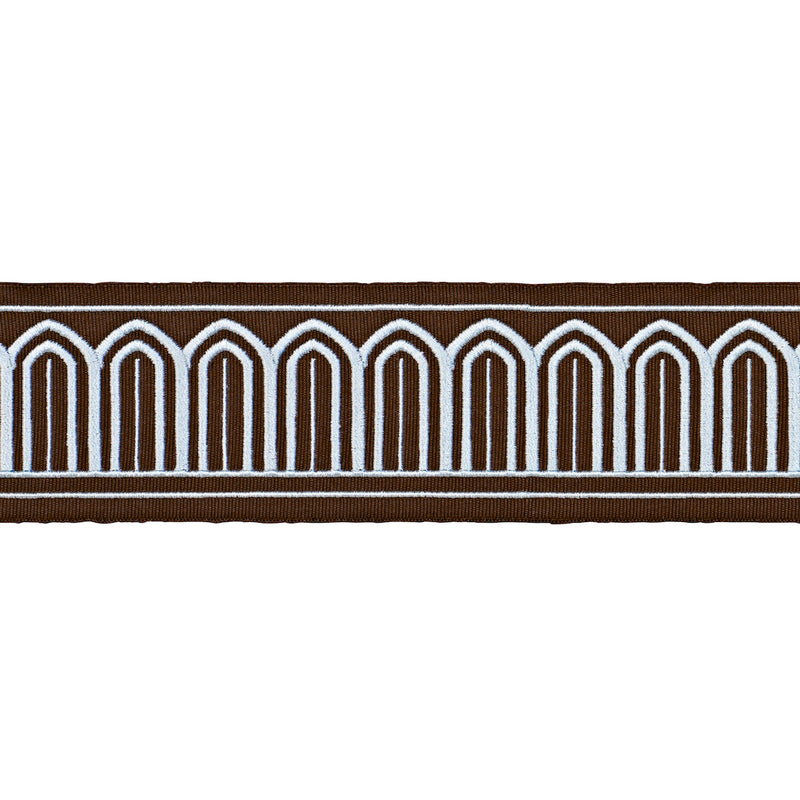 Schumacher ARCHES EMBROIDERED TAPE MEDIUM SKY ON BROWN Trim | Atlanta Fabrics