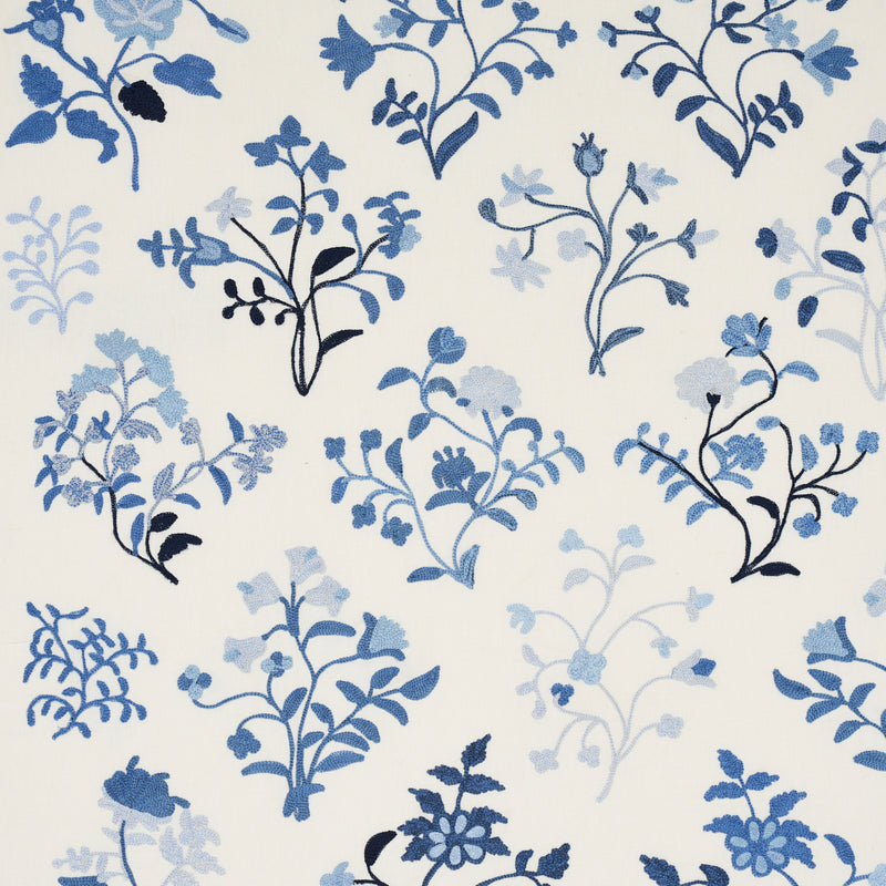 Schumacher Raleigh Crewel Embroidery CORNFLOWER Fabric | Atlanta Fabrics