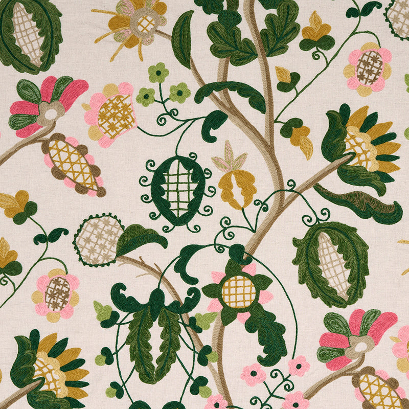 Schumacher MANDEVILLA EMBROIDERY PINK & GREEN Fabric | Atlanta Fabrics