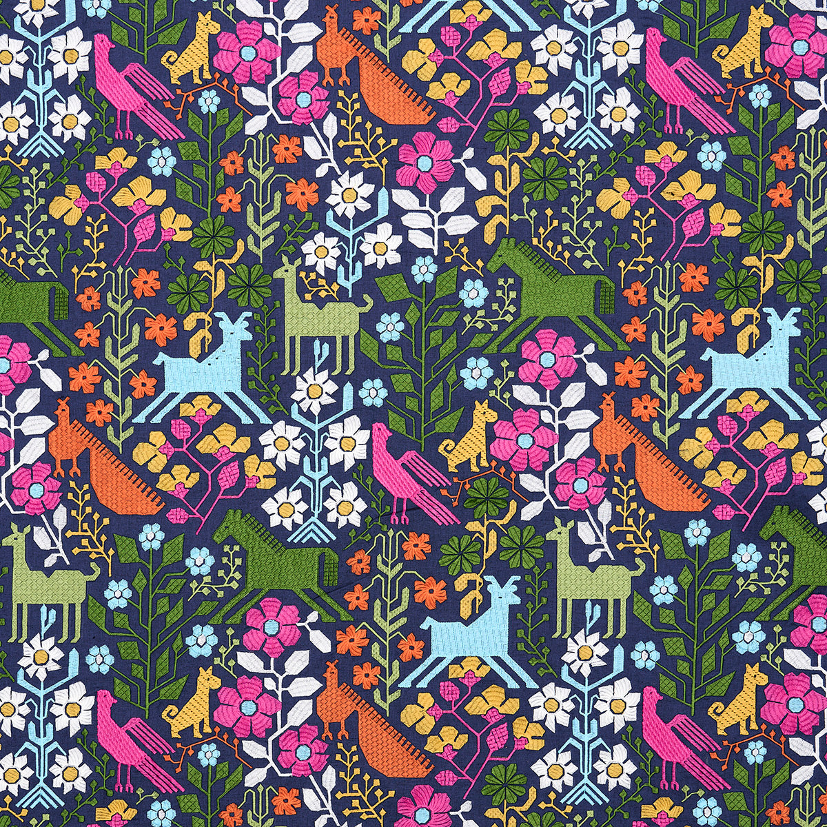 Schumacher LUPITA EMBROIDERY MULTI ON NAVY Fabric | Atlanta Fabrics