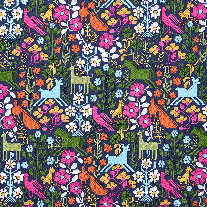 Schumacher LUPITA EMBROIDERY MULTI ON NAVY Fabric | Atlanta Fabrics