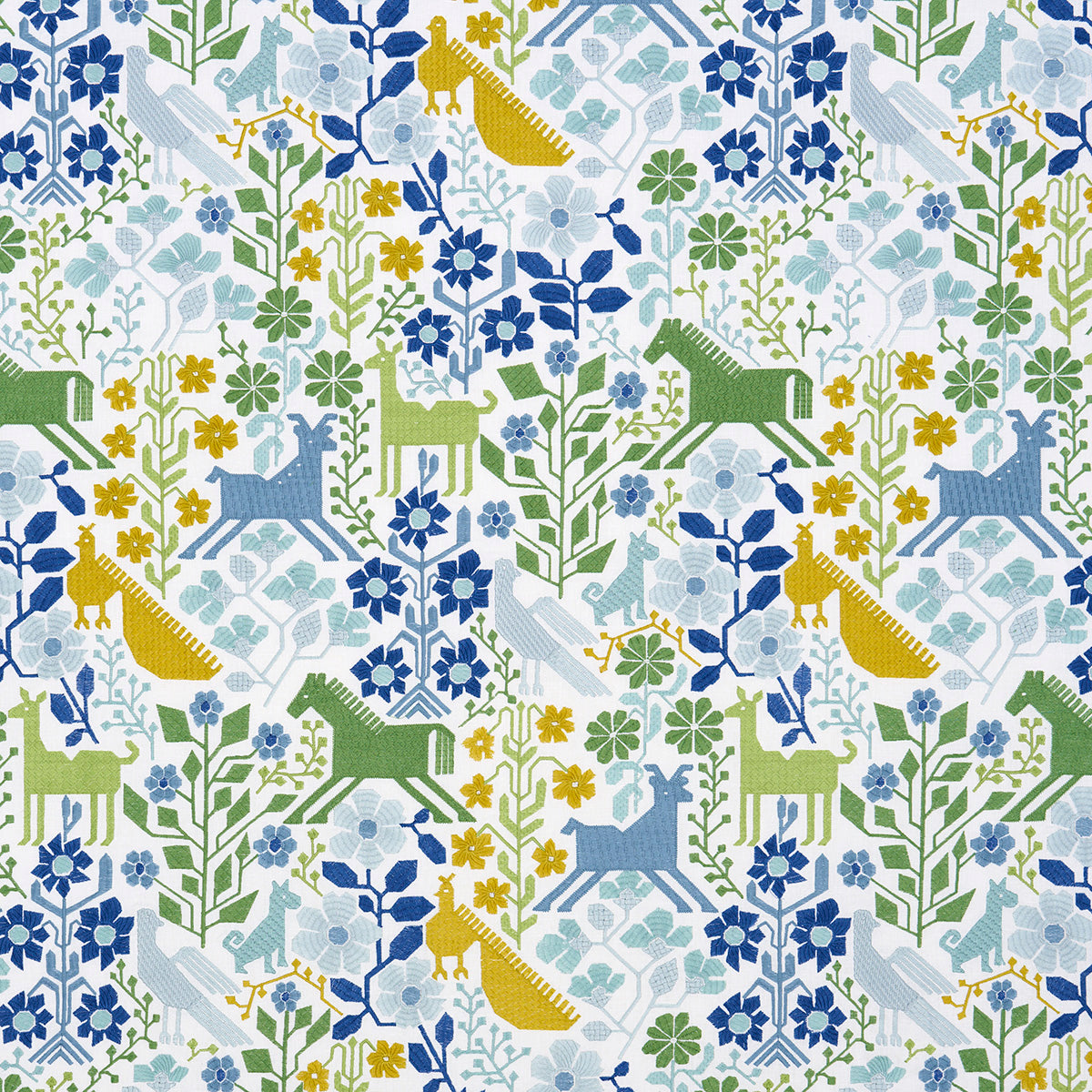 Schumacher LUPITA EMBROIDERY GREEN & BLUE Fabric | Atlanta Fabrics