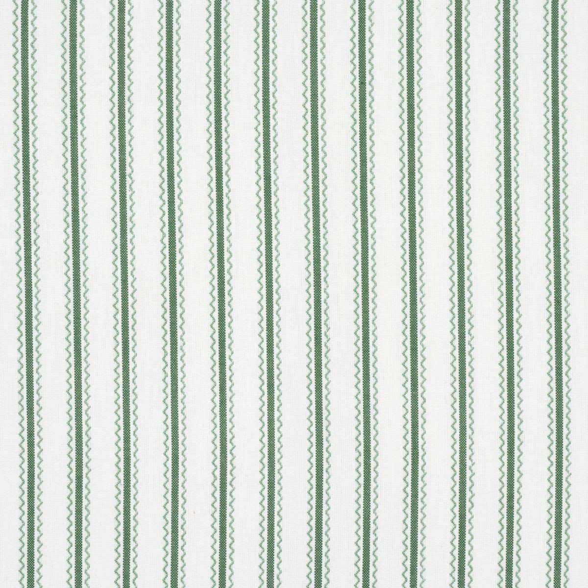 SCHUMACHER BIRDIE TICKING STRIPE LEAF GREEN FABRIC | Atlanta Fabrics