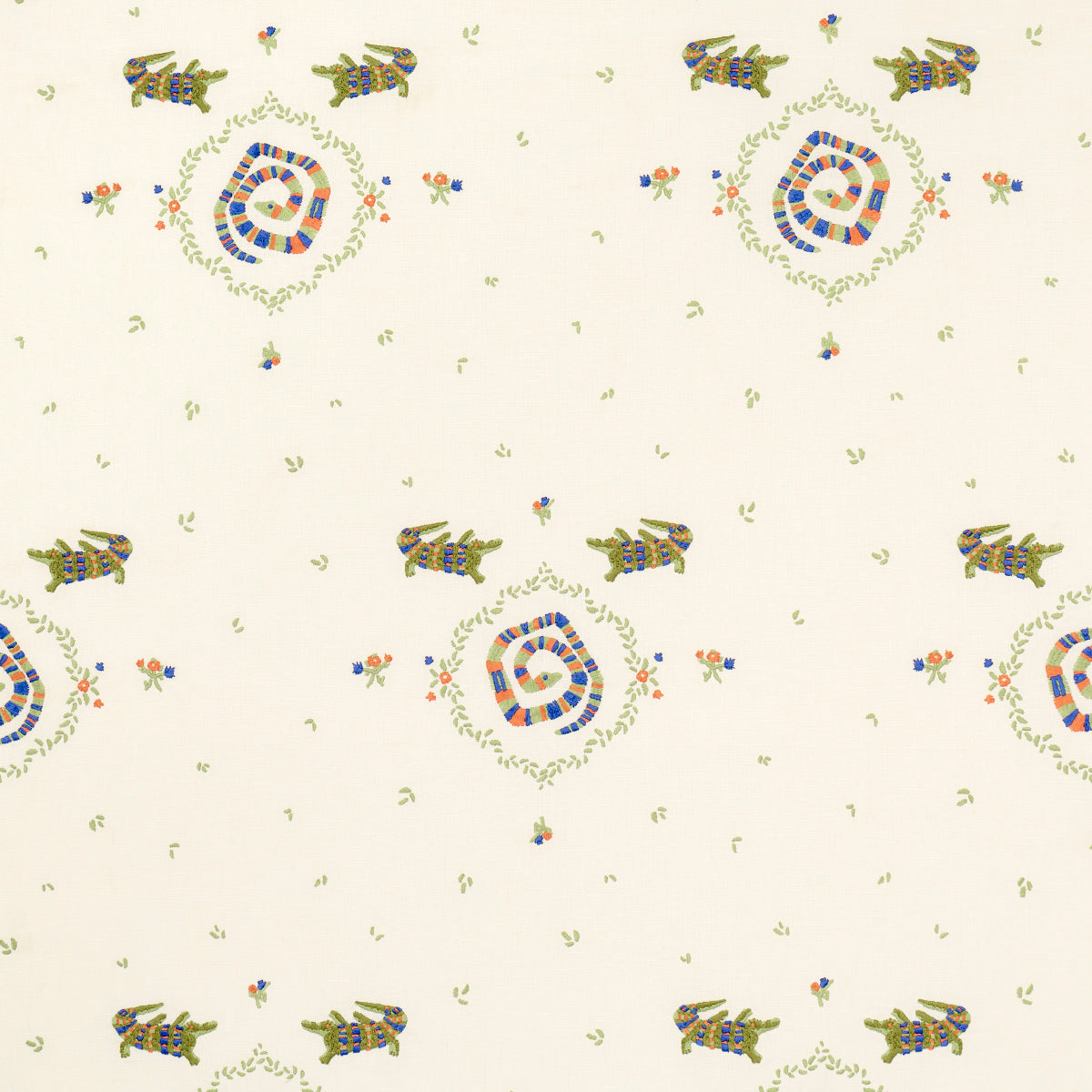 Schumacher REPTILIA EMBROIDERY BRIGHT MULTI ON IVORY Fabric | Atlanta Fabrics