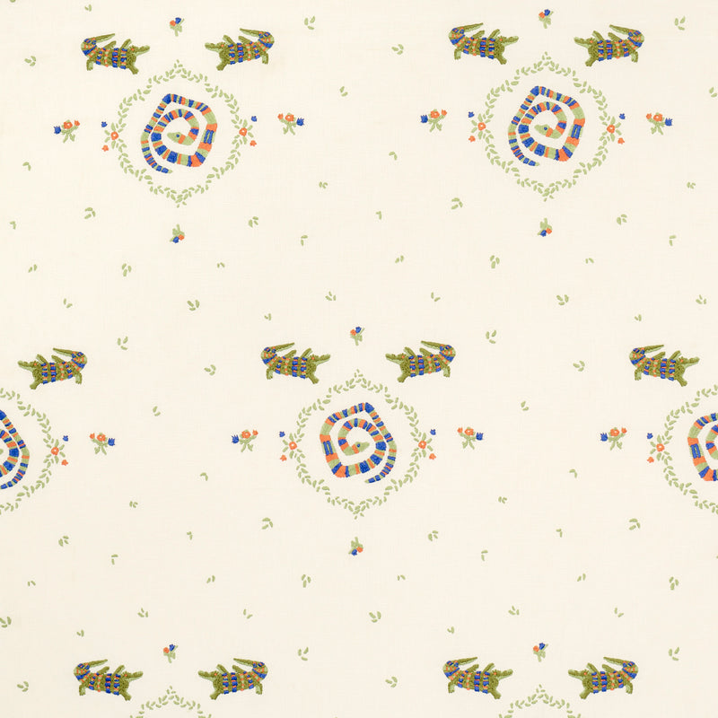 Schumacher REPTILIA EMBROIDERY BRIGHT MULTI ON IVORY Fabric | Atlanta Fabrics