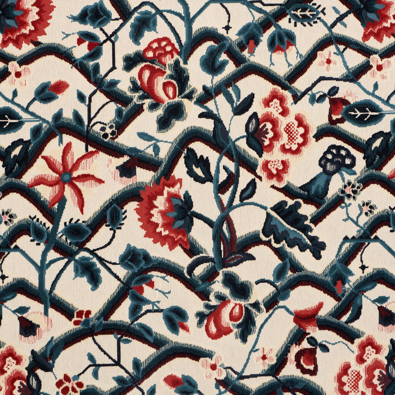 Schumacher JACOBEAN GARDEN VELVET CINNABAR & PEACOCK Fabric | Atlanta Fabrics