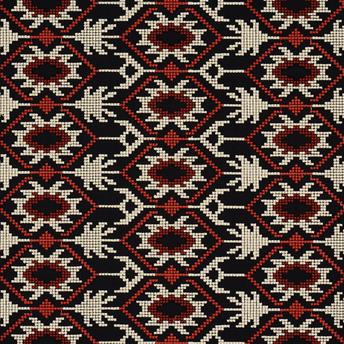Schumacher ANDEAN TRIBUTE EMBROIDERY RUBY MIDNIGHT SHADOWS Fabric | Atlanta Fabrics