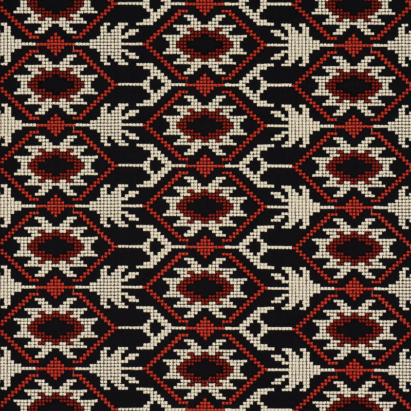 Schumacher ANDEAN TRIBUTE EMBROIDERY RUBY MIDNIGHT SHADOWS Fabric | Atlanta Fabrics