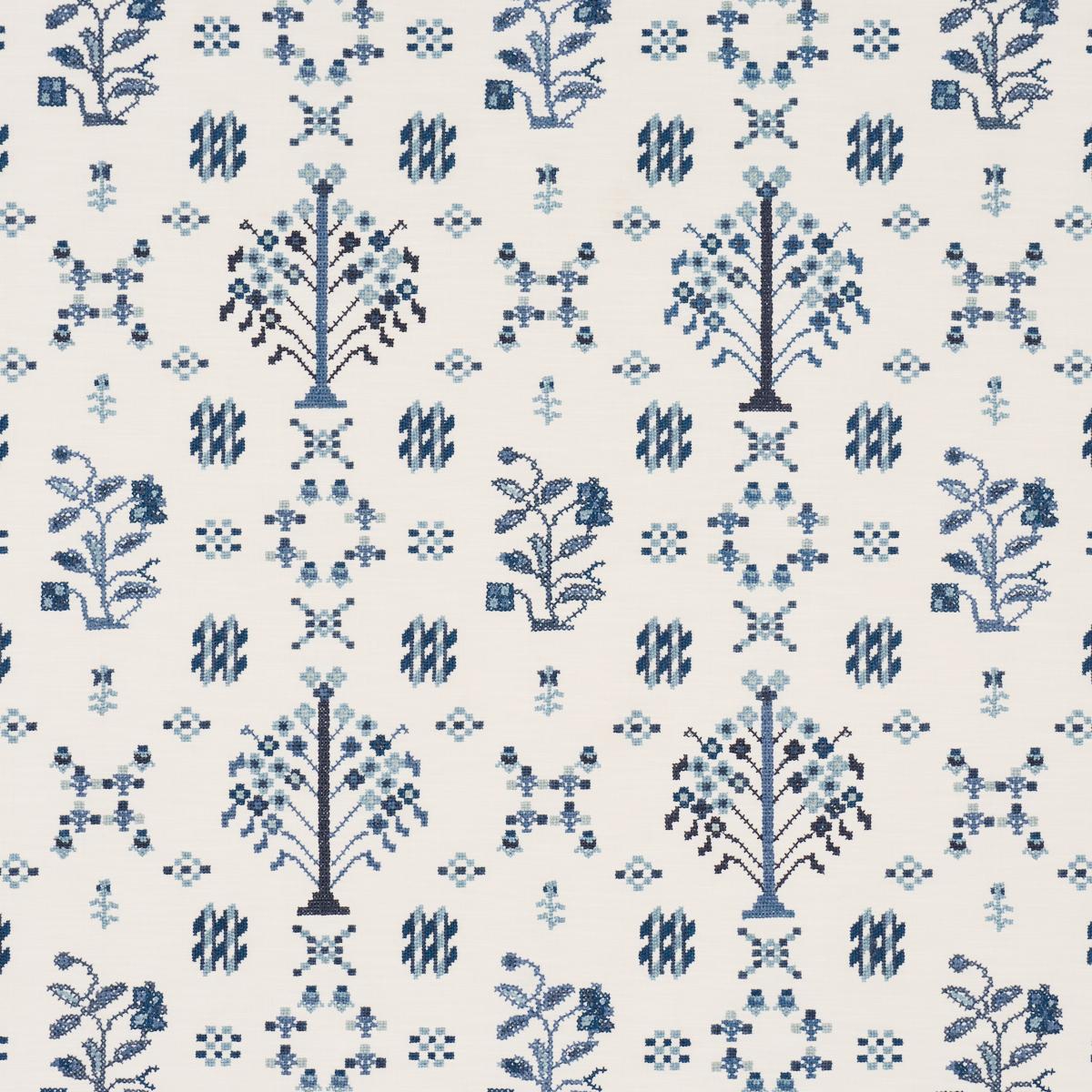 SCHUMACHER FAIRVIEW CROSS STITCH EMBROIDERY INDIGO FABRIC | Atlanta Fabrics