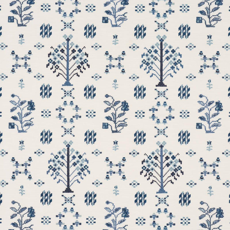 SCHUMACHER FAIRVIEW CROSS STITCH EMBROIDERY INDIGO FABRIC | Atlanta Fabrics