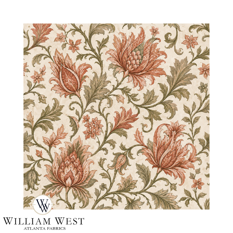 Atlanta Fabrics Botanical Scrollwork Coral Fabric | Atlanta Fabrics