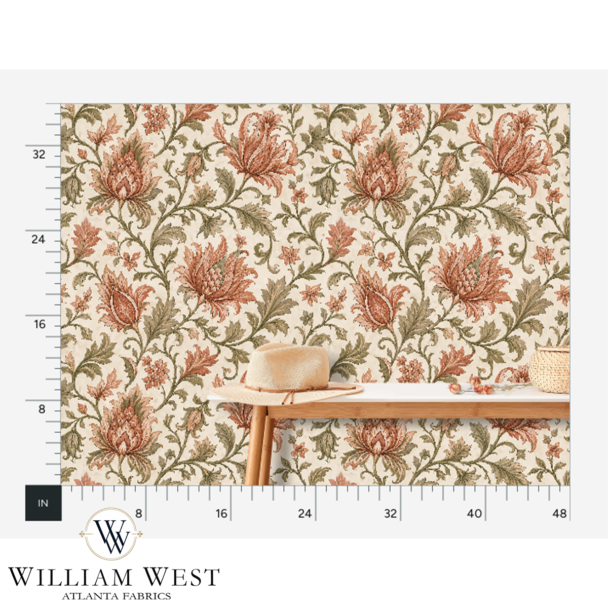 Botanical Scrollwork Coral Wallpaper