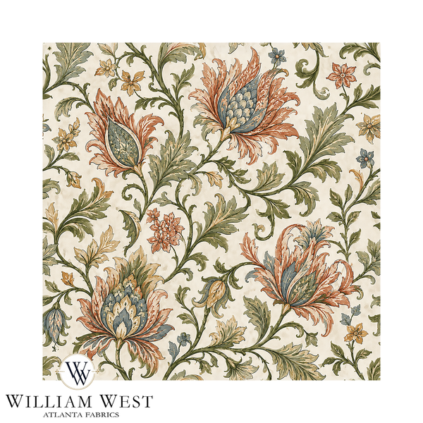 Atlanta Fabrics Botanical Scrollwork Sage Fabric | Atlanta Fabrics