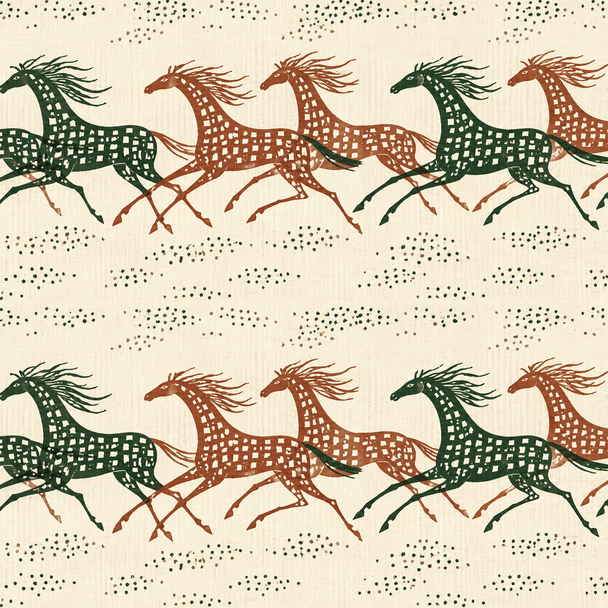 Atlanta Fabrics Galloping Horses Forest and Terracotta Fabric | Atlanta Fabrics