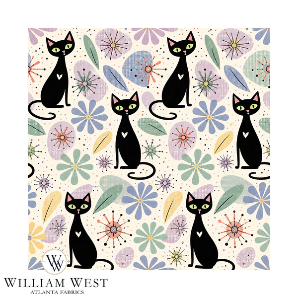 Atlanta Fabrics Midcentury Meow Lilac Fabric | Atlanta Fabrics