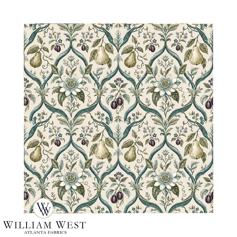 Atlanta Fabrics Passion Pears and Plums Teal Fabric | Atlanta Fabrics