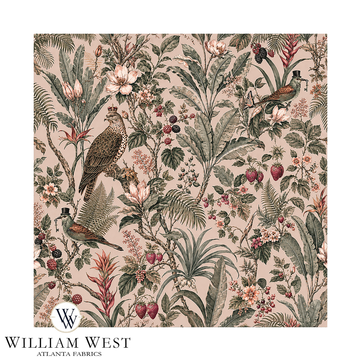 Atlanta Fabrics Royal Botanical Menagerie Pink Fabric | Atlanta Fabrics