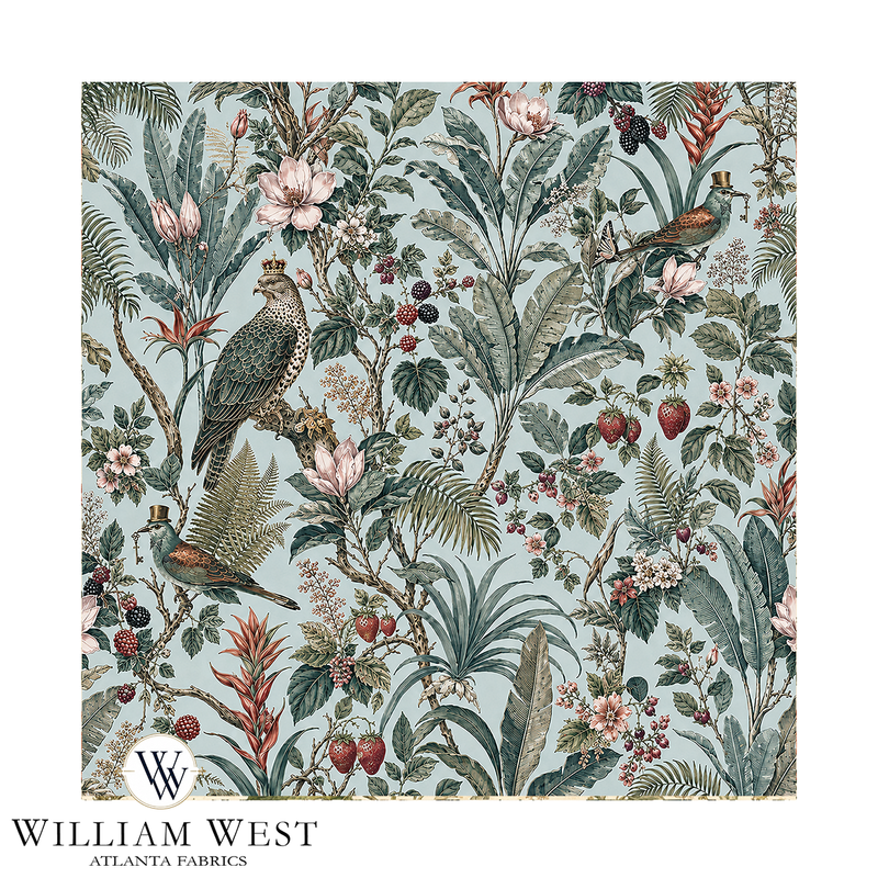 Atlanta Fabrics Royal Botanical Menagerie Robins Egg Fabric | Atlanta Fabrics