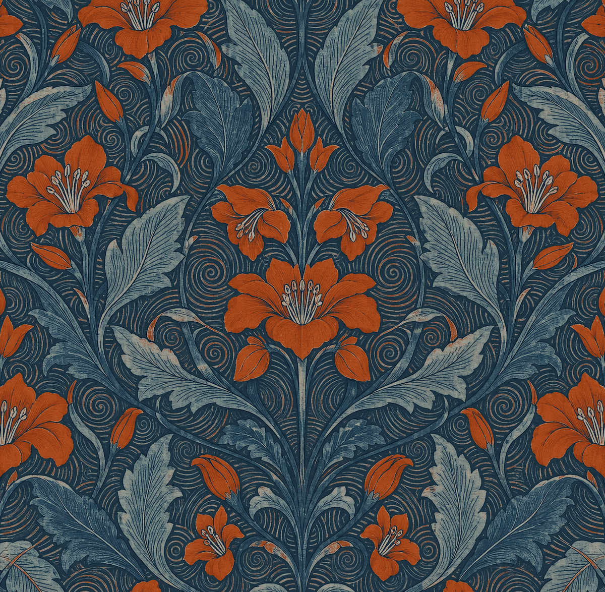 Garden Scrollwork Prussian Blue Burnt Sienna