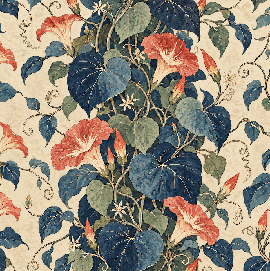 Atlanta Fabrics Morning Glory Indigo and Coral Fabric | Atlanta Fabrics