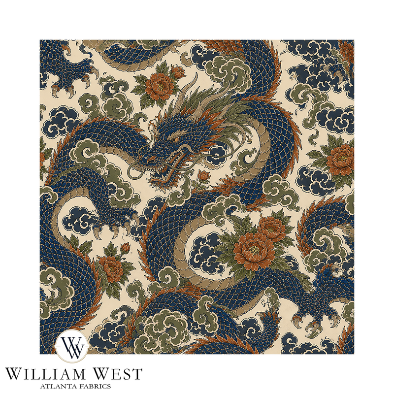 Atlanta Fabrics Temple Dragon Blue Fabric | Atlanta Fabrics