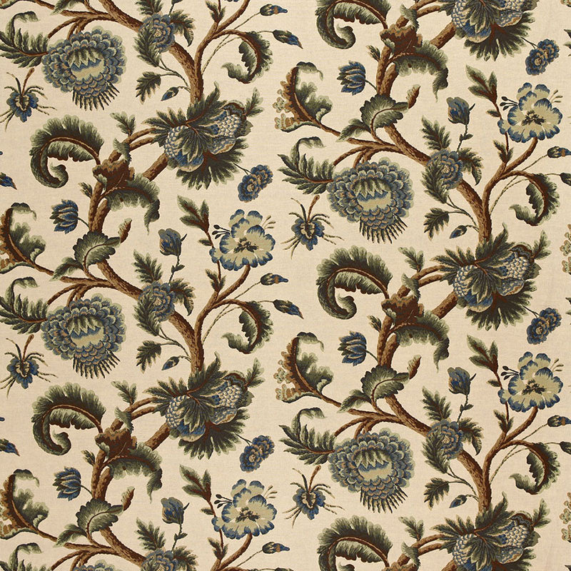 JACOBEAN PRINTED CREWEL MULTI BLUES WOOD TONES